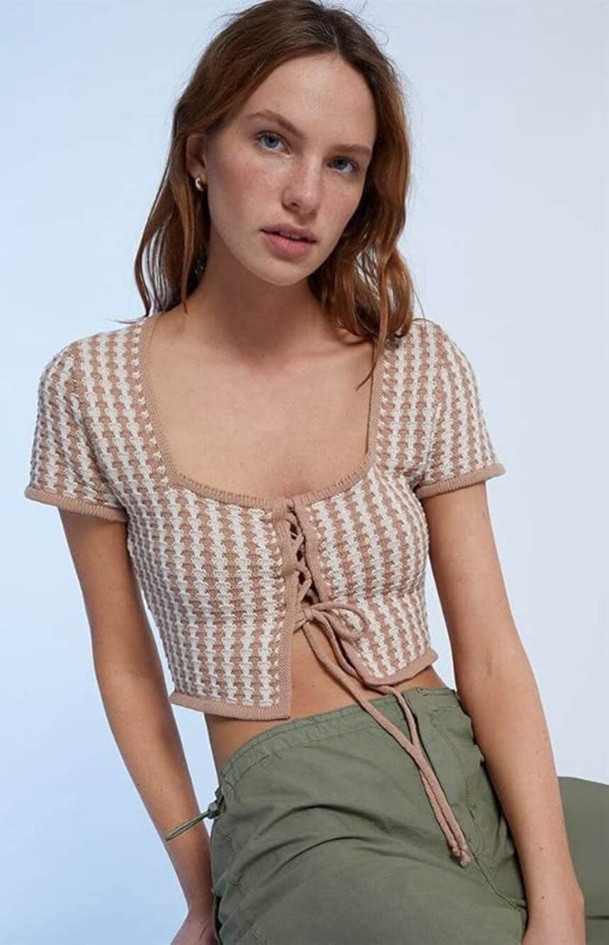 L.A. Hearts Pure Cotton Crochet Knit Cropped Sweatheart Lace Up Sweater Top